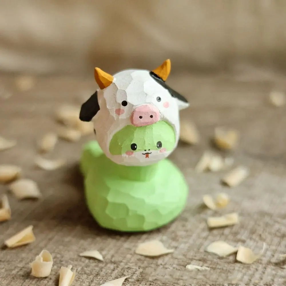 Cute Wood Carving Snake Figurine Chinese Style Blessing New Year Lucky Snake Figurine Handmade 2025 Snake Year Mascot