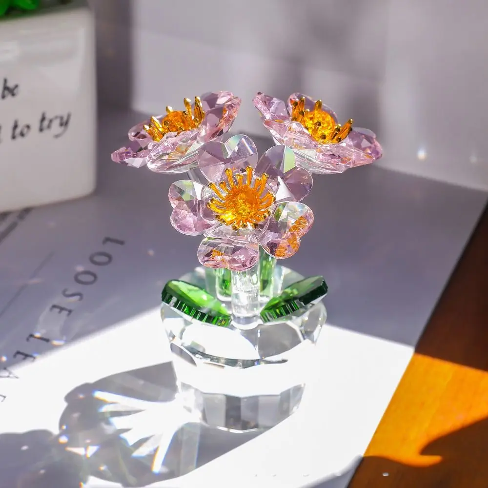 Handcraft Crystal Flower Statue Clear Base Rose Tulip Mini Glass Flower Sculpture Shiny High Transparence