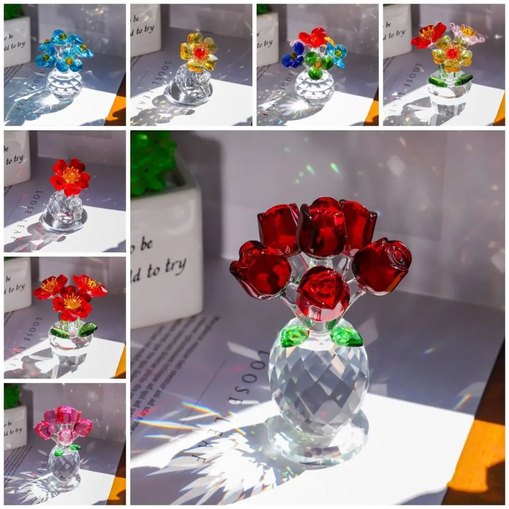 Handcraft Crystal Flower Statue Clear Base Rose Tulip Mini Glass Flower Sculpture Shiny High Transparence