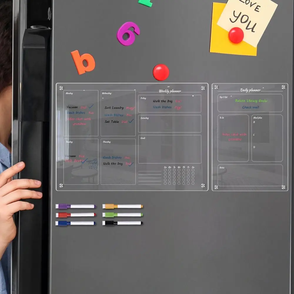 Erasable 6 Markers Acrylic Erase Boards Magnetic Clear Magnetic Fridge Calendar Hanging Reusable Planning Note Board Office