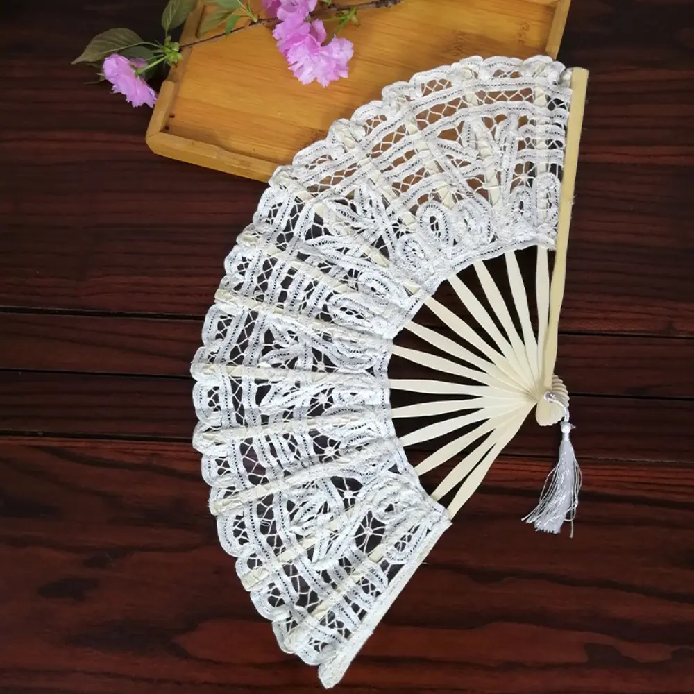 Royal Bamboo Handle Vintage Lace Hand Fan European Style Hand Held Embroidered Folding Fan with Tassel Dance Fan Wedding