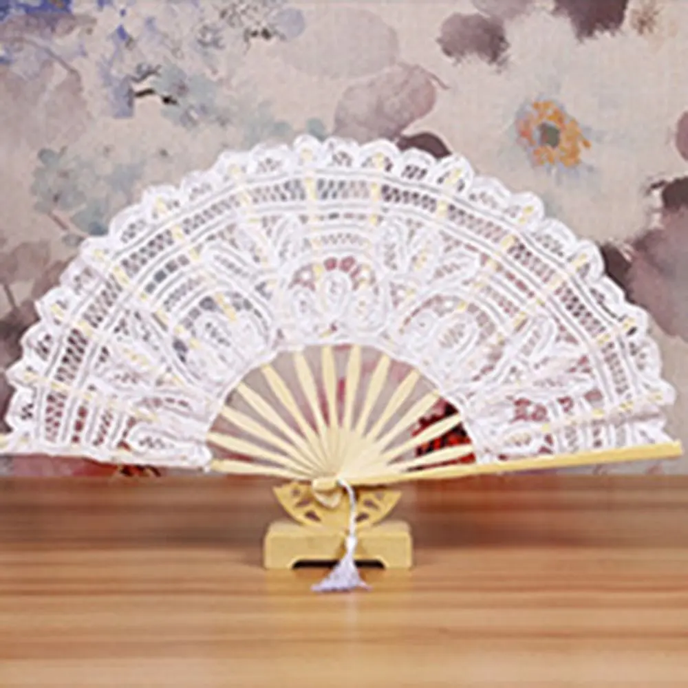 Royal Bamboo Handle Vintage Lace Hand Fan European Style Hand Held Embroidered Folding Fan with Tassel Dance Fan Wedding