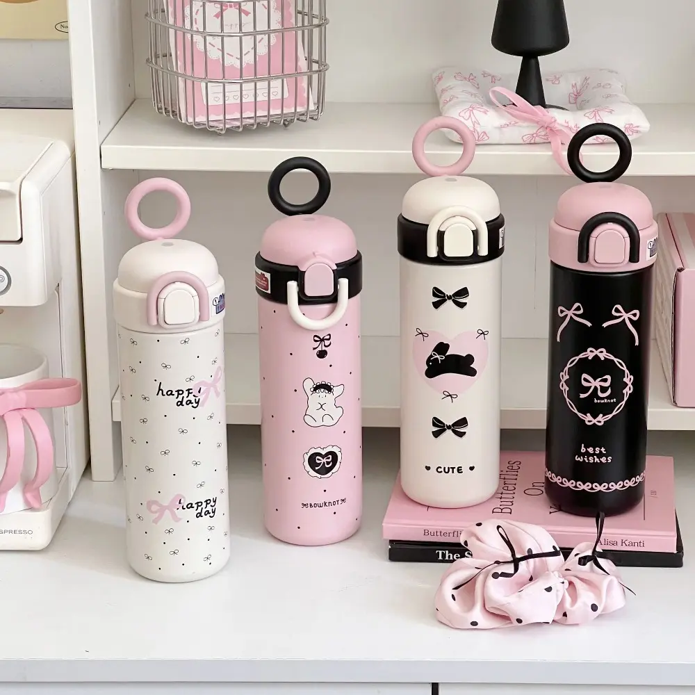 Portable Bounce Lid Pink Black Thermos Bottle Stainless Steel 500ml Thermal Water Bottle Sealed Leakproof Thermos Cup Student