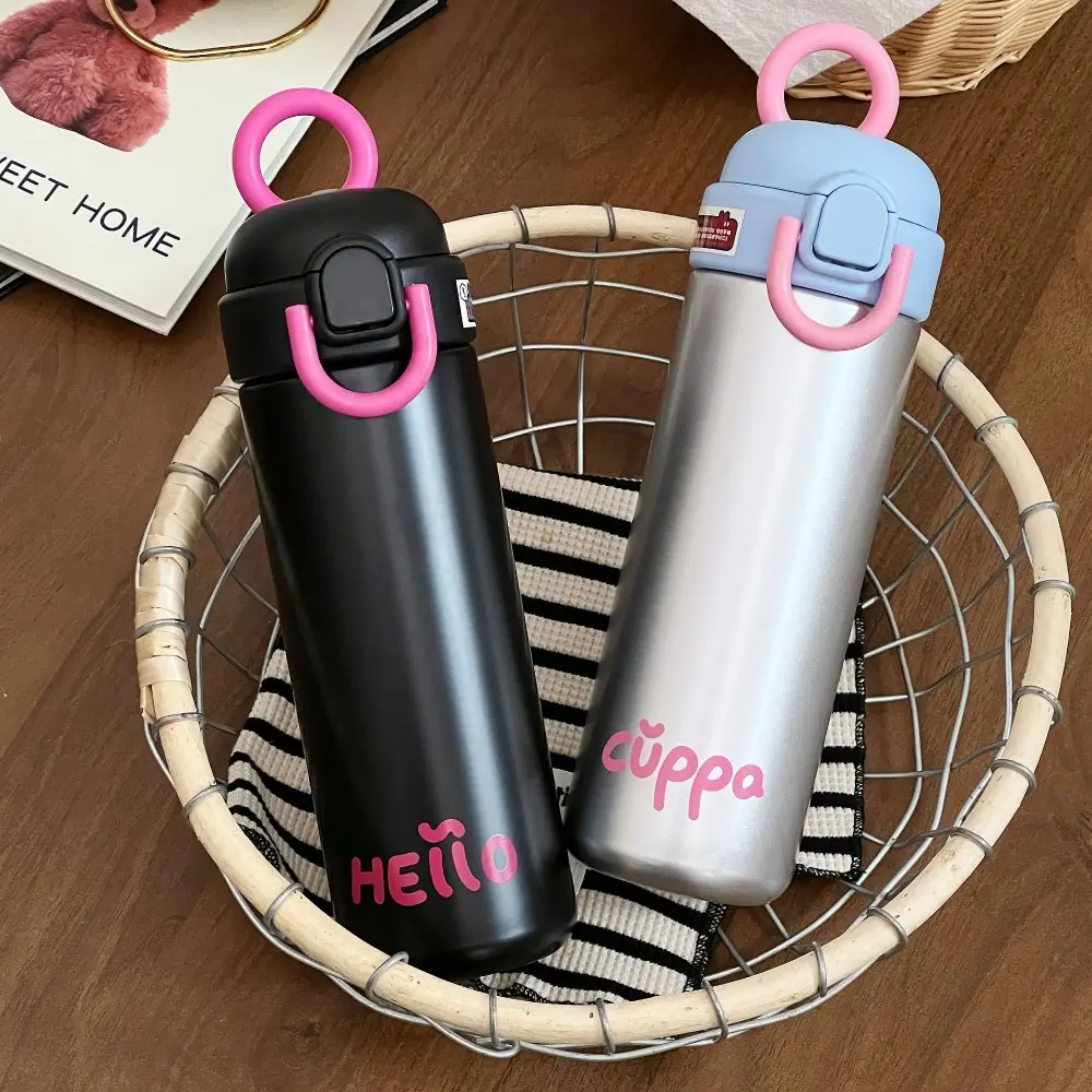 Portable Bounce Lid Pink Black Thermos Bottle Stainless Steel 500ml Thermal Water Bottle Sealed Leakproof Thermos Cup Student