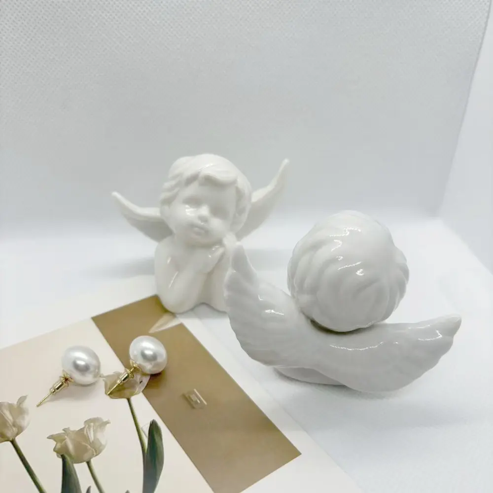 Modern Angel Fairy Figurines Fun Crafts Atmosphere Angel Statues Sculpture Pure white Ceramic Angel Ornamen Living Room Desktop
