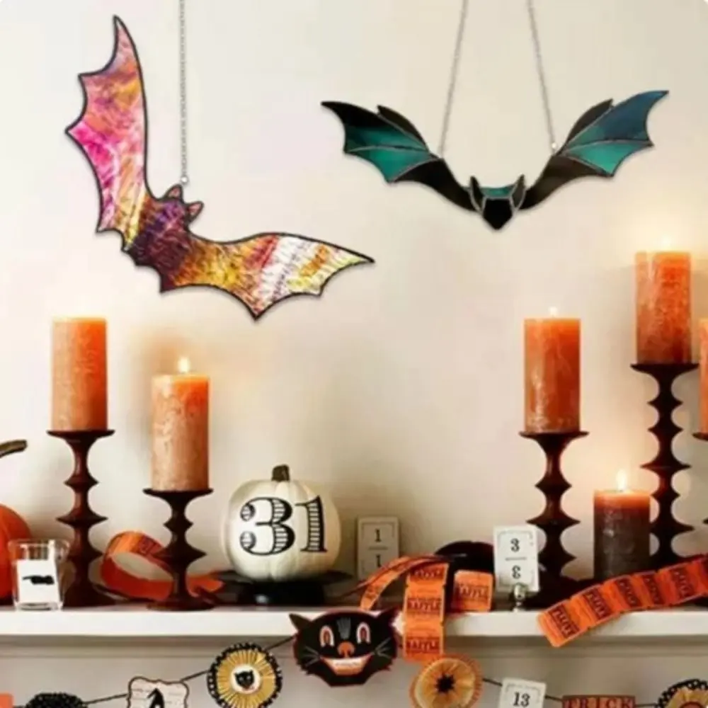 Funny Stained Halloween Bat Pendant Bat Shaped Wall Art Wall Hanging Bat With Chain ​ Gothic Bat Ornaments Scenes ​