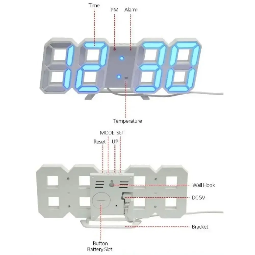 Multi-function Luminous 3D Digital Alarm Clock Temperature Electronic LED Desk Clock Date Display Wall Hanging Clock Kitchen