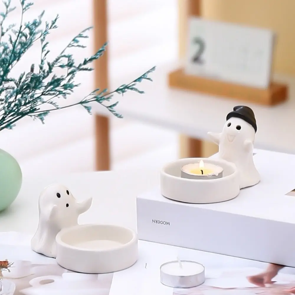 Elegant Ceramic Ghost Candlestick Cartoon Ghost Cute Candle Holder Non-slip Halloween Candlestick Halloween Decoration