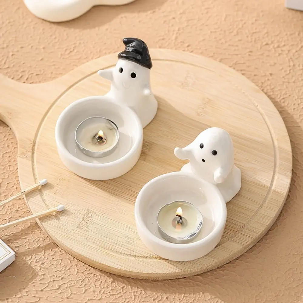 Elegant Ceramic Ghost Candlestick Cartoon Ghost Cute Candle Holder Non-slip Halloween Candlestick Halloween Decoration