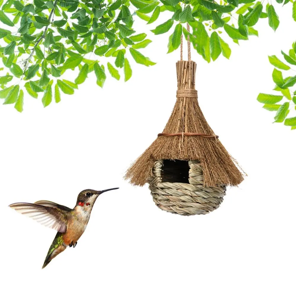 Bird Breeding House Hand-Woven Natural Grass Bird Nest Hangable House Shape Hanging Hummingbird House Grass Bird House Lawn