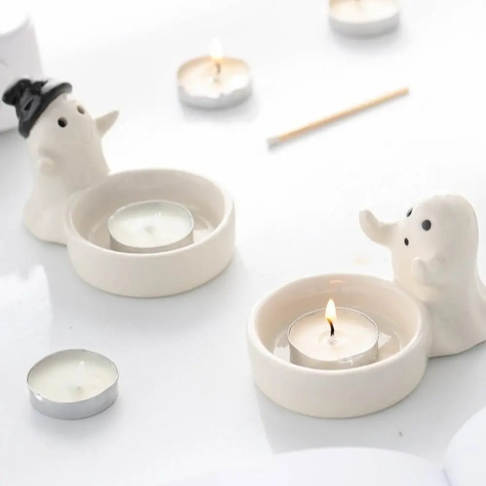 Elegant Ceramic Ghost Candlestick Cartoon Ghost Cute Candle Holder Non-slip Halloween Candlestick Halloween Decoration