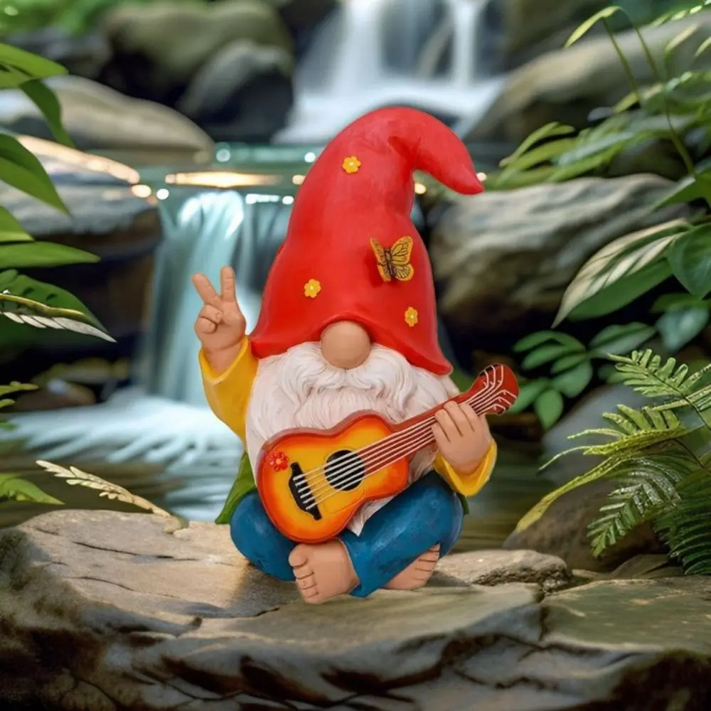 Colorful Guitar Dwarf Statue Cute Resin Crafts Guitar Playing Gnome Statue Weatherproof Festival Hippie Gnome Figurine