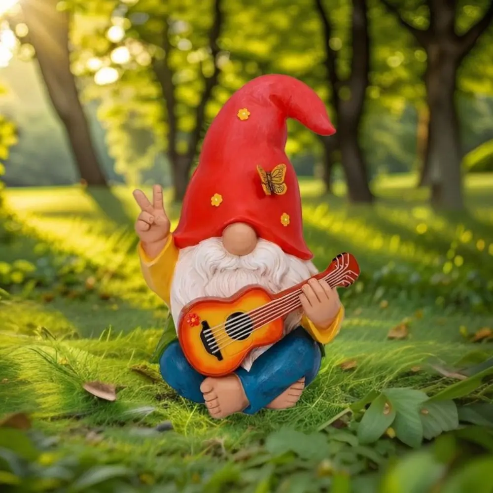 Colorful Guitar Dwarf Statue Cute Resin Crafts Guitar Playing Gnome Statue Weatherproof Festival Hippie Gnome Figurine