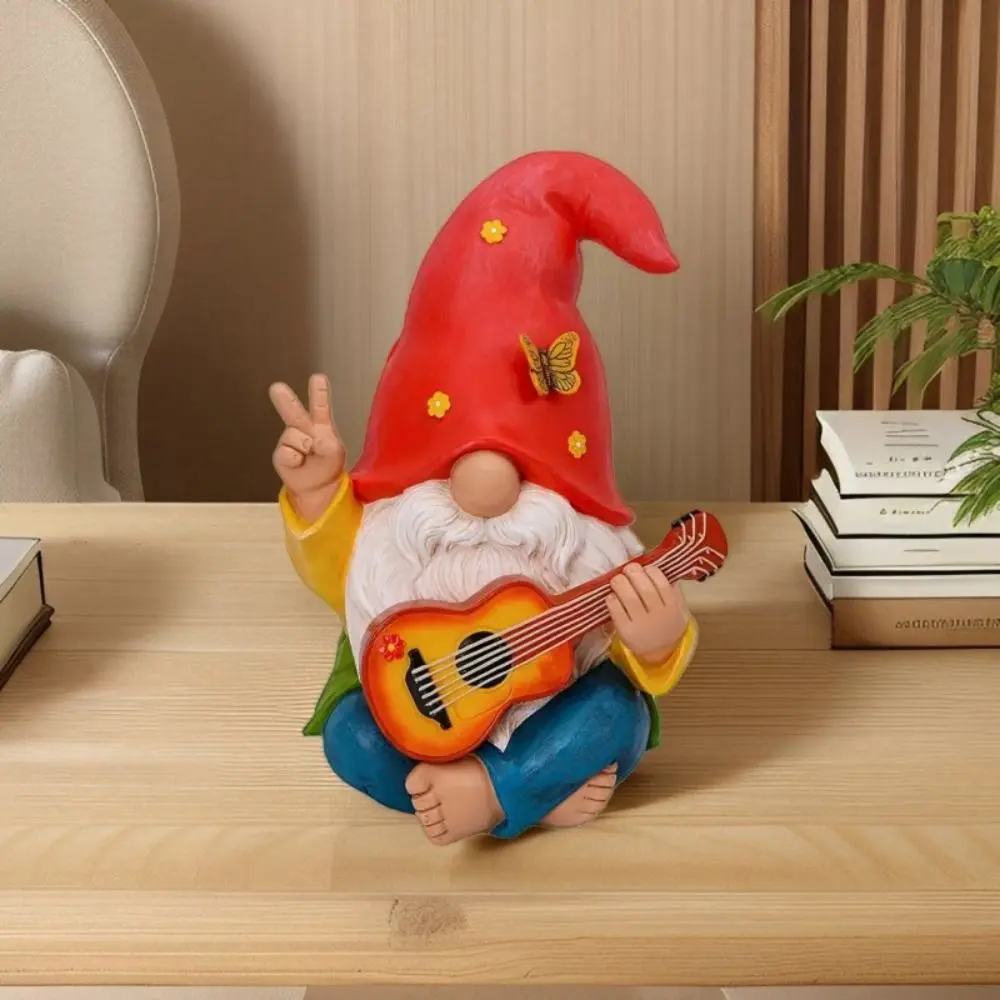 Colorful Guitar Dwarf Statue Cute Resin Crafts Guitar Playing Gnome Statue Weatherproof Festival Hippie Gnome Figurine