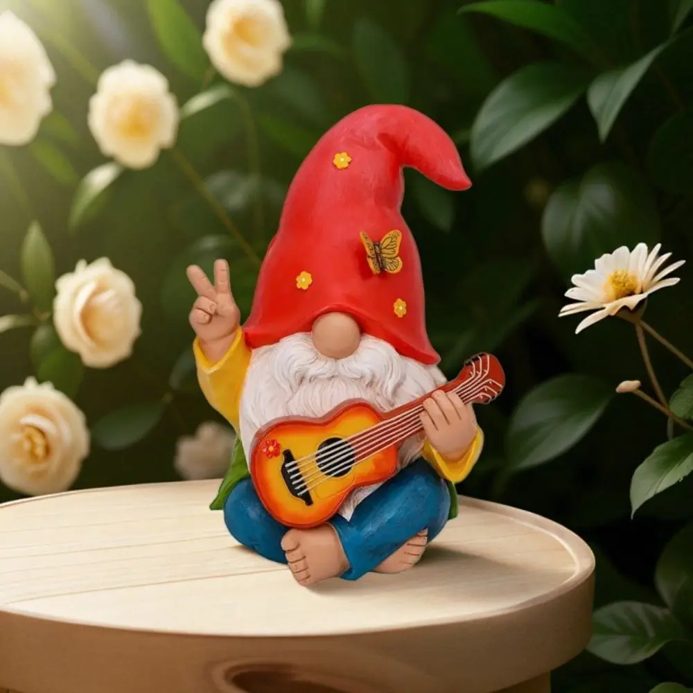 Colorful Guitar Dwarf Statue Cute Resin Crafts Guitar Playing Gnome Statue Weatherproof Festival Hippie Gnome Figurine
