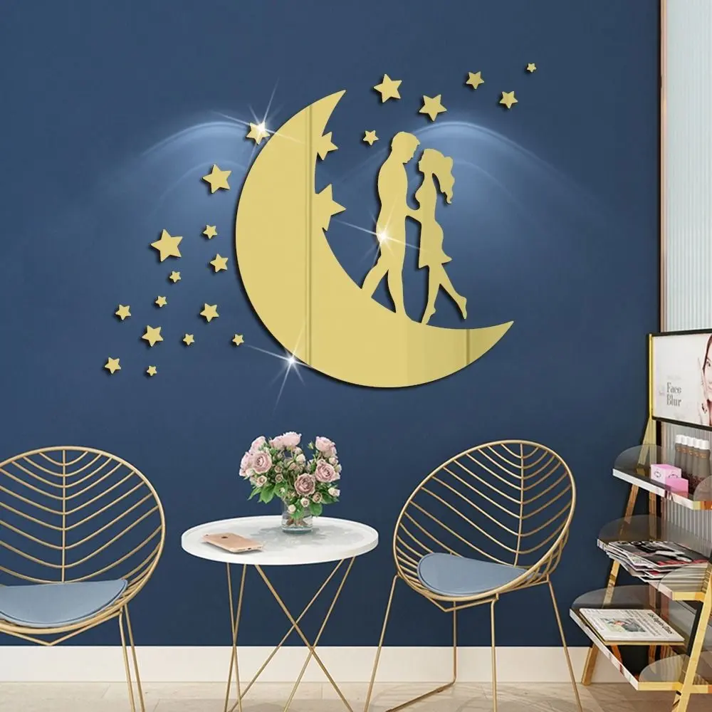 Self-adhesive Love Moon Couple Acrylic Mirror Stickers Removable Modern Art Mural Decor Decorative Moon 3D Mirror Stickers DIY