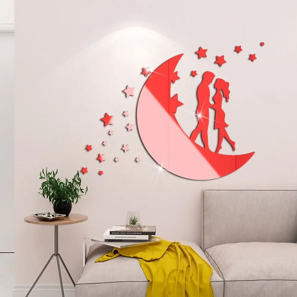 Self-adhesive Love Moon Couple Acrylic Mirror Stickers Removable Modern Art Mural Decor Decorative Moon 3D Mirror Stickers DIY