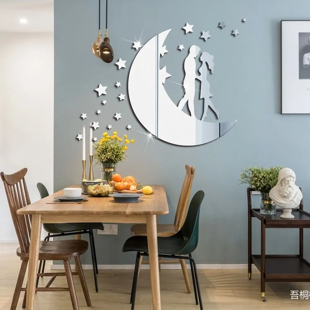 Self-adhesive Love Moon Couple Acrylic Mirror Stickers Removable Modern Art Mural Decor Decorative Moon 3D Mirror Stickers DIY