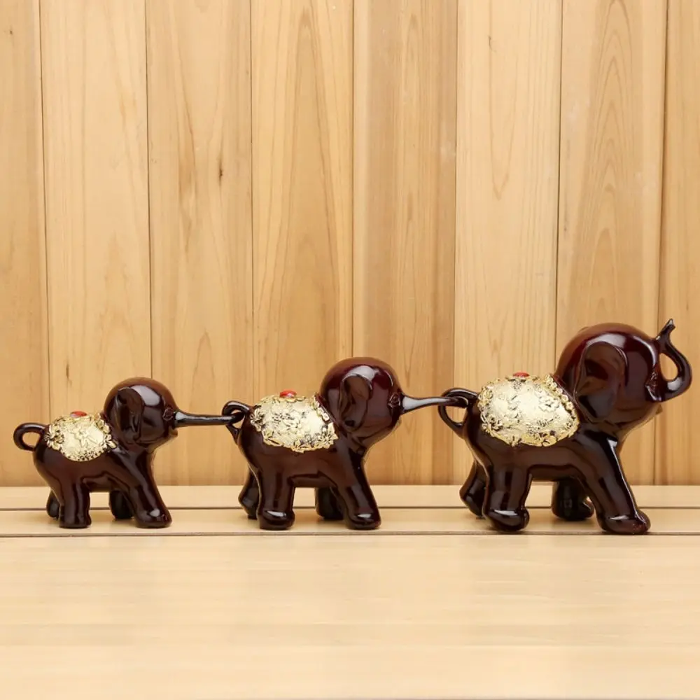 3pcs/set Cute Lucky Elephant Figurine Resin Lifelike Elephant Statue Crafts Handicraft Animal Sculpture Feng Shui Decor