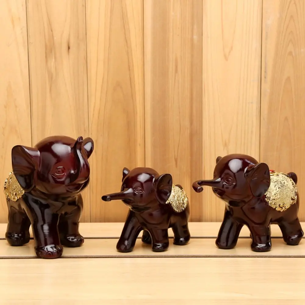 3pcs/set Cute Lucky Elephant Figurine Resin Lifelike Elephant Statue Crafts Handicraft Animal Sculpture Feng Shui Decor
