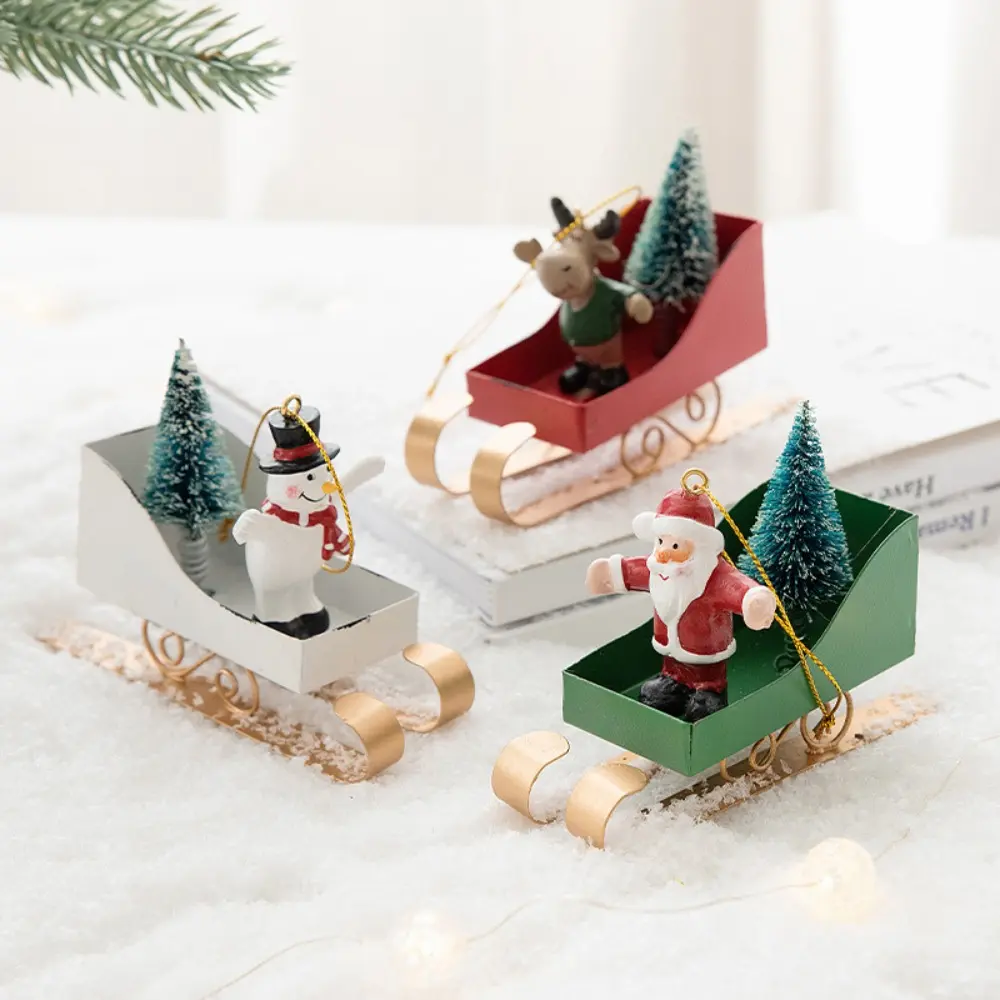 Nordic Xmas Tree Sled Pendant Iron Art Rustic Sleigh Hanging Ornamen Mini Christmas Figurine Decorations New Year