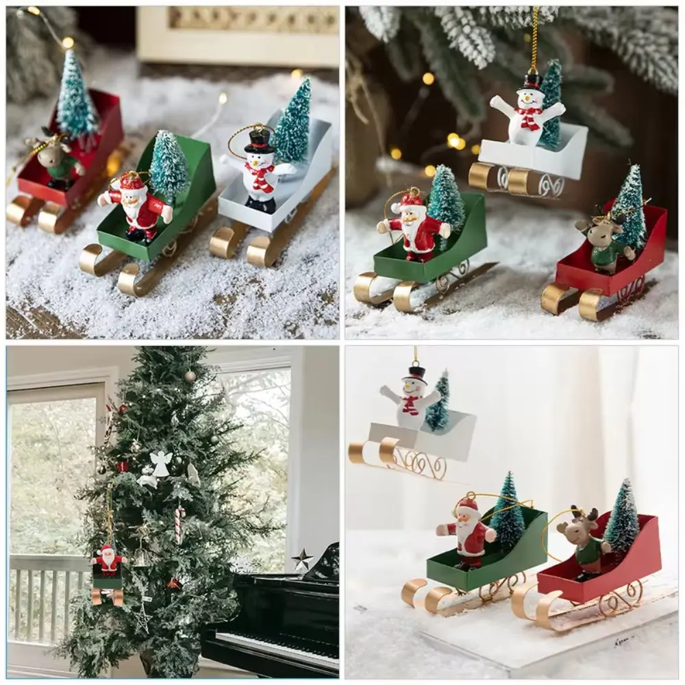 Nordic Xmas Tree Sled Pendant Iron Art Rustic Sleigh Hanging Ornamen Mini Christmas Figurine Decorations New Year