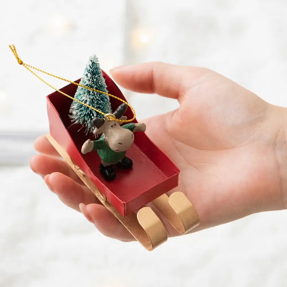 Nordic Xmas Tree Sled Pendant Iron Art Rustic Sleigh Hanging Ornamen Mini Christmas Figurine Decorations New Year