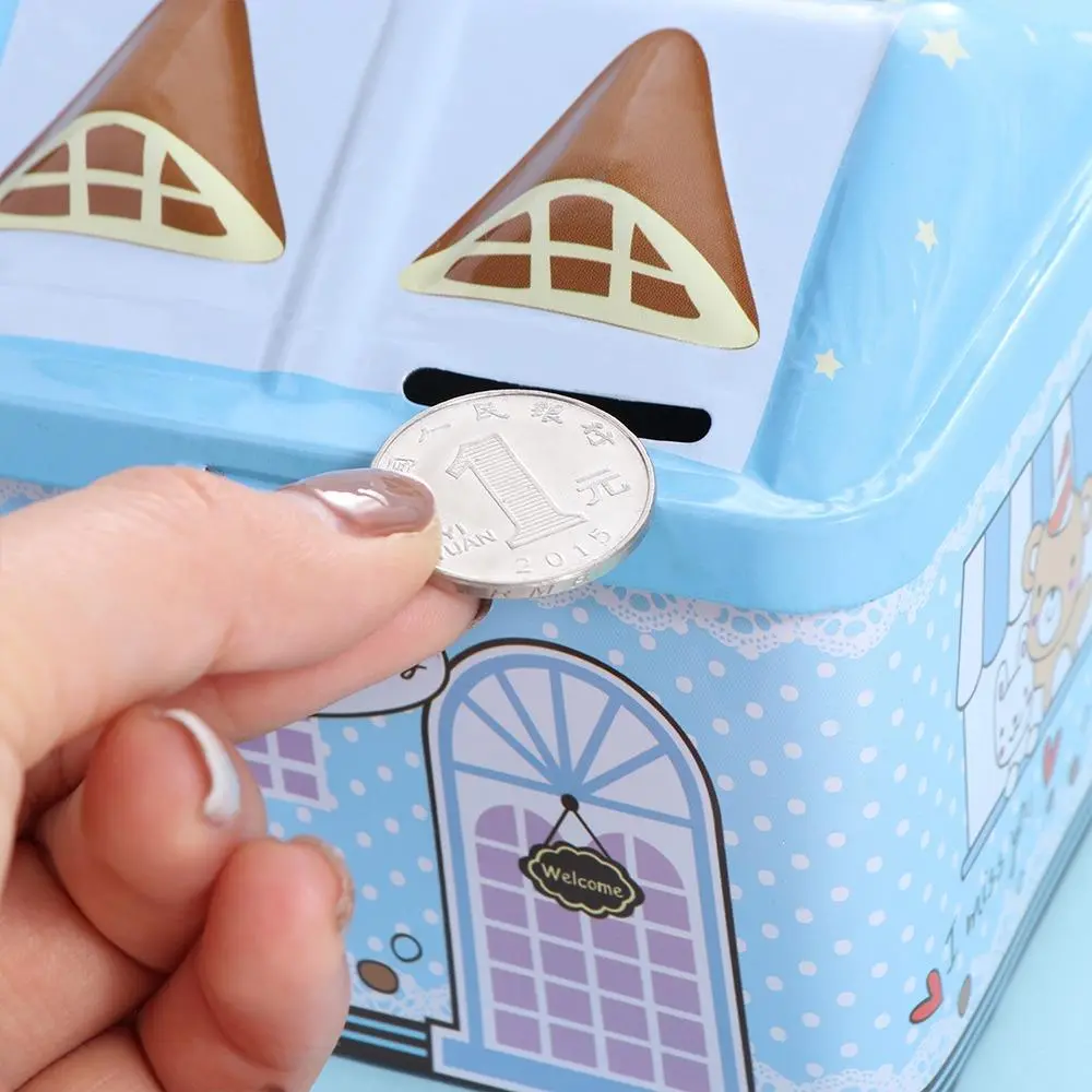 Metal House Shape Piggy Bank Cute Creative House Coin Box with Key Lock Coin Safe Storage Box Christmas Gift