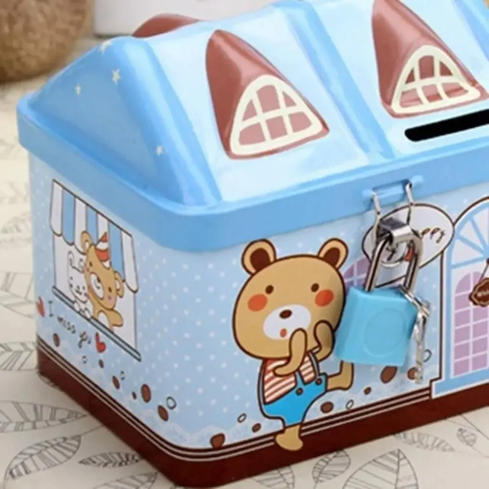 Metal House Shape Piggy Bank Cute Creative House Coin Box with Key Lock Coin Safe Storage Box Christmas Gift