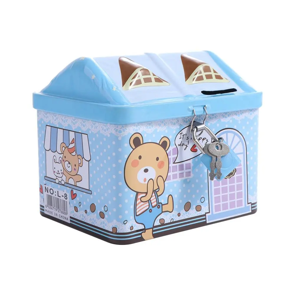 Metal House Shape Piggy Bank Cute Creative House Coin Box with Key Lock Coin Safe Storage Box Christmas Gift