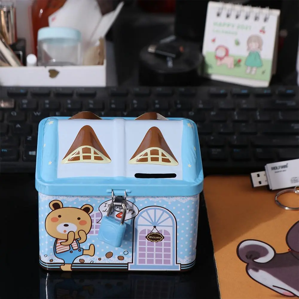 Metal House Shape Piggy Bank Cute Creative House Coin Box with Key Lock Coin Safe Storage Box Christmas Gift