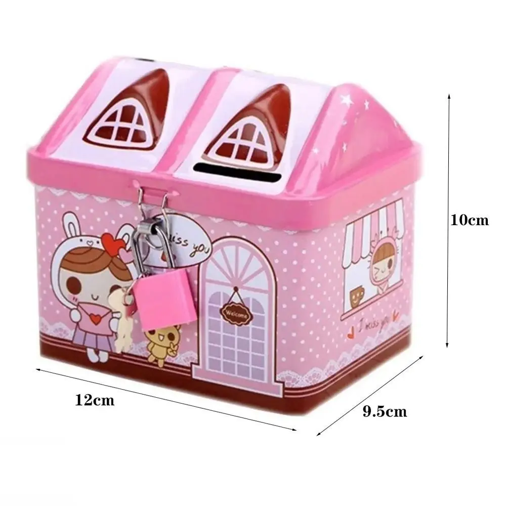 Metal House Shape Piggy Bank Cute Creative House Coin Box with Key Lock Coin Safe Storage Box Christmas Gift