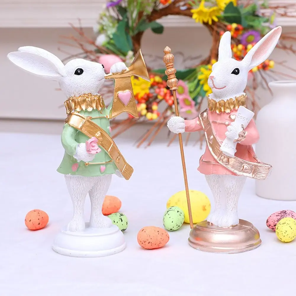 Cute Easter Bunny Figurine Scepter Trumpet Design Resin Crafts Bunny Desktop Decoration Festival Realistic