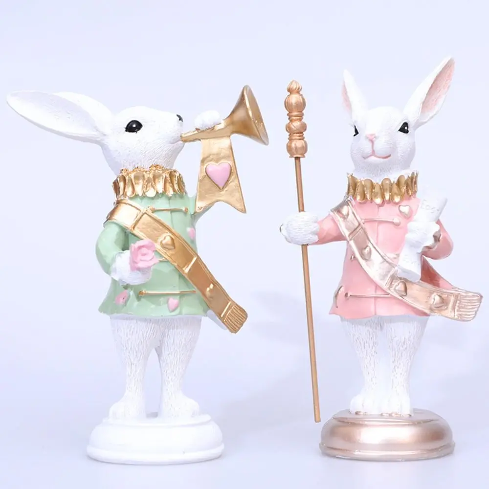 Cute Easter Bunny Figurine Scepter Trumpet Design Resin Crafts Bunny Desktop Decoration Festival Realistic