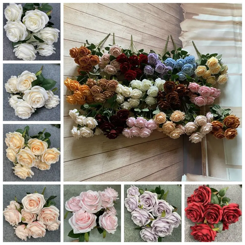 Flower Arrangement 9-heads Rose Flowers Silk Handmade Artificial Rose Flowers Floral Art Flexible Rose Flower Bouquet Christmas