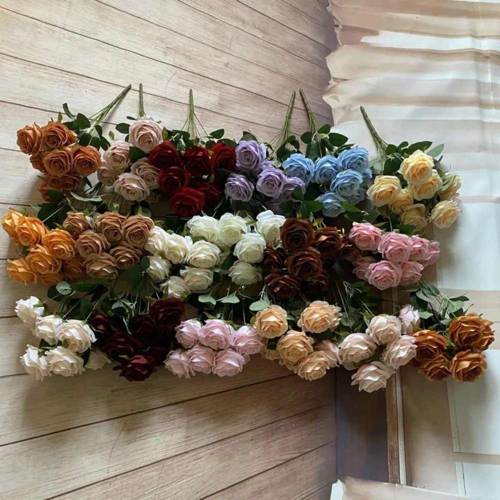 Flower Arrangement 9-heads Rose Flowers Silk Handmade Artificial Rose Flowers Floral Art Flexible Rose Flower Bouquet Christmas