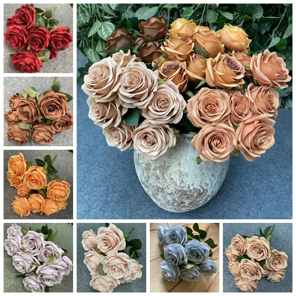 Flower Arrangement 9-heads Rose Flowers Silk Handmade Artificial Rose Flowers Floral Art Flexible Rose Flower Bouquet Christmas