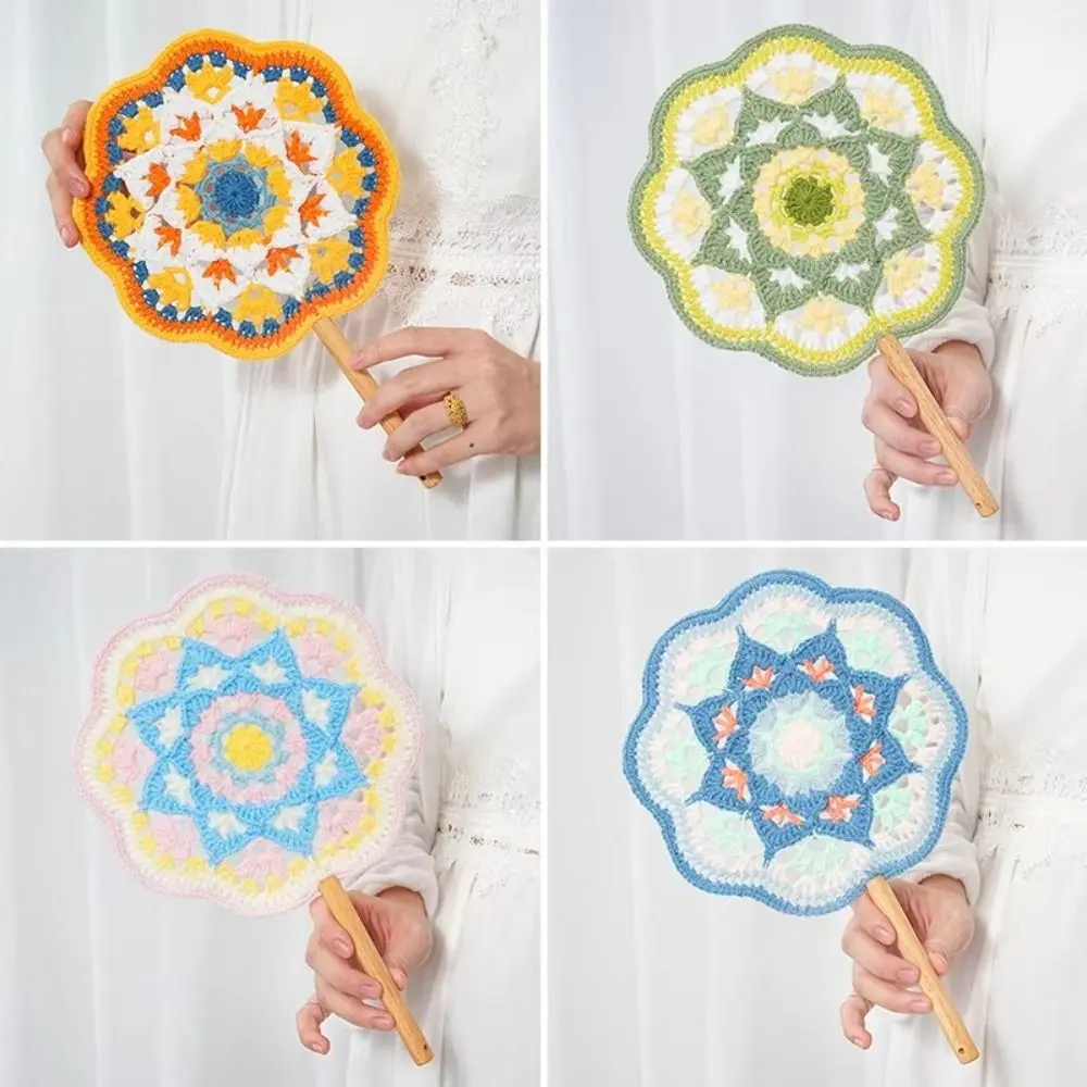Chinese Style Yarn Crocheted Antique Style Fan Classical Vintage Hand Cranked Fan Portable Handmade Decorative Craft Fan Summer