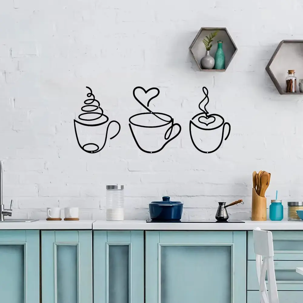 3Pcs/set Simple Handicraft Wall Hanging Coffee Cup Wall Art Black Metal Coffee Cup Nordic Wall Sculpture Home Decor