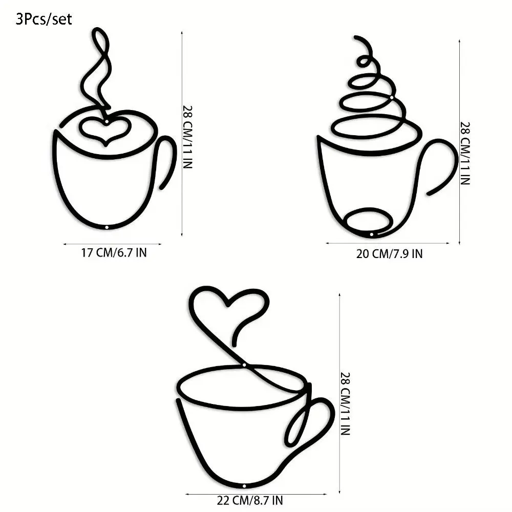 3Pcs/set Simple Handicraft Wall Hanging Coffee Cup Wall Art Black Metal Coffee Cup Nordic Wall Sculpture Home Decor
