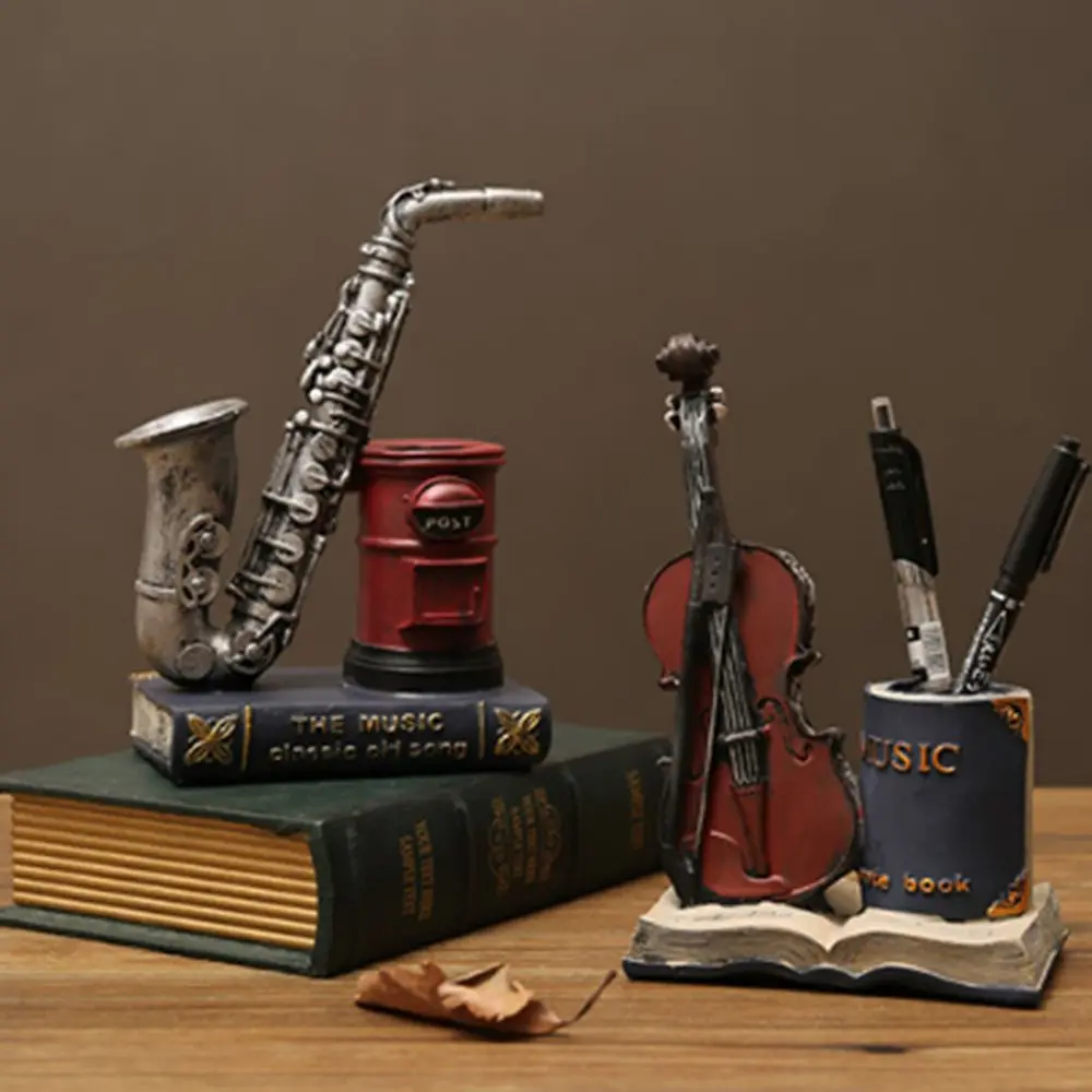 Multi-purpose American Style Saxophone Ornaments Retro Handicraft Violin Storage Holder Decorative Resin Pen Holder Desk