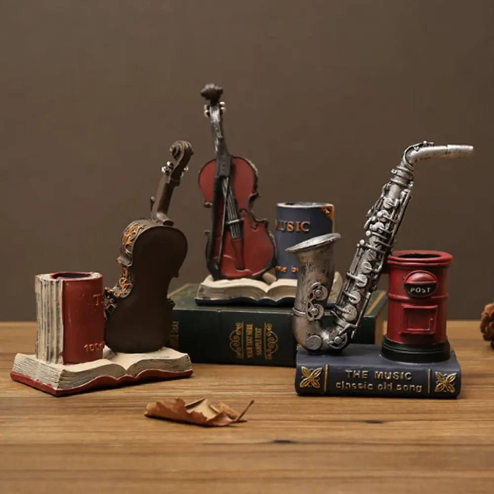 Multi-purpose American Style Saxophone Ornaments Retro Handicraft Violin Storage Holder Decorative Resin Pen Holder Desk