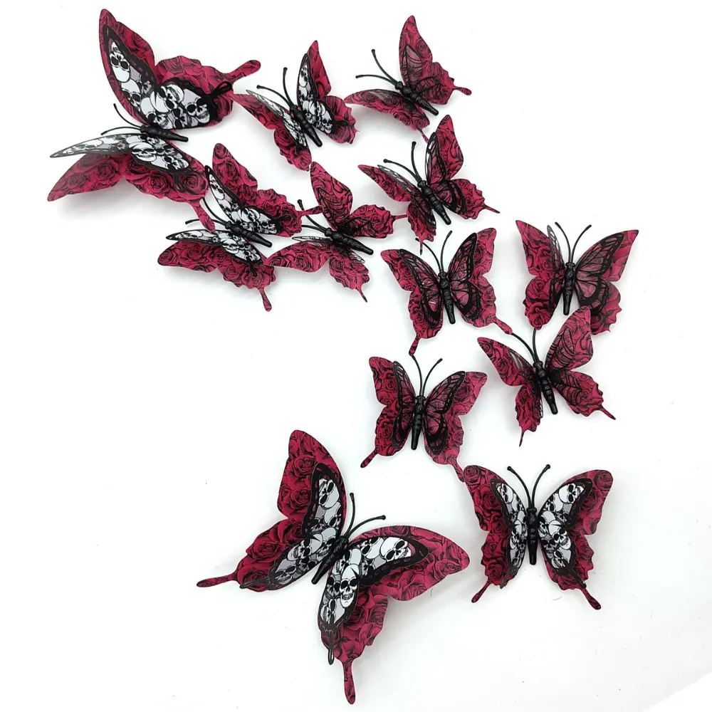 12pcs/set Double-Layer Halloween 3D Bat Stickers Skull Pattern PVC Butterfly Wall Stickers Self Adhesive Halloween Window Decal