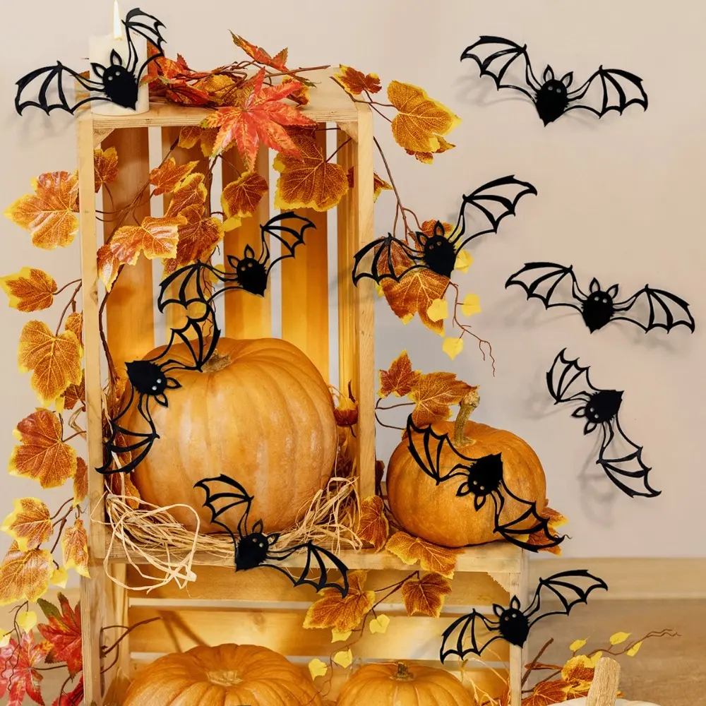 12pcs/set Double-Layer Halloween 3D Bat Stickers Skull Pattern PVC Butterfly Wall Stickers Self Adhesive Halloween Window Decal