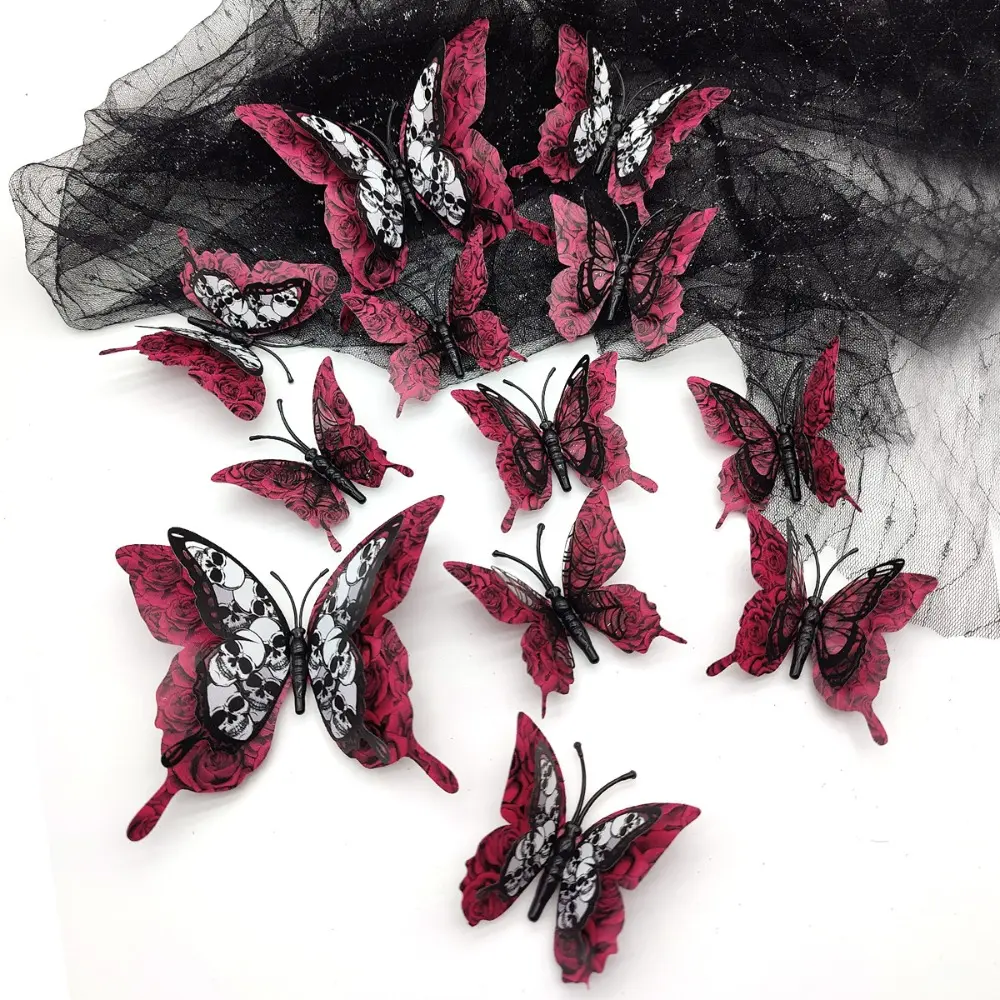 12pcs/set Double-Layer Halloween 3D Bat Stickers Skull Pattern PVC Butterfly Wall Stickers Self Adhesive Halloween Window Decal