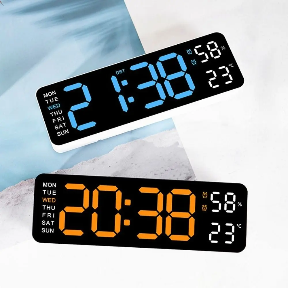 Adjustable Brightness Large Digital Wall Clock Time 12/24Hr Format LED Electronic Clock Date Week and Temperature Two Alarms