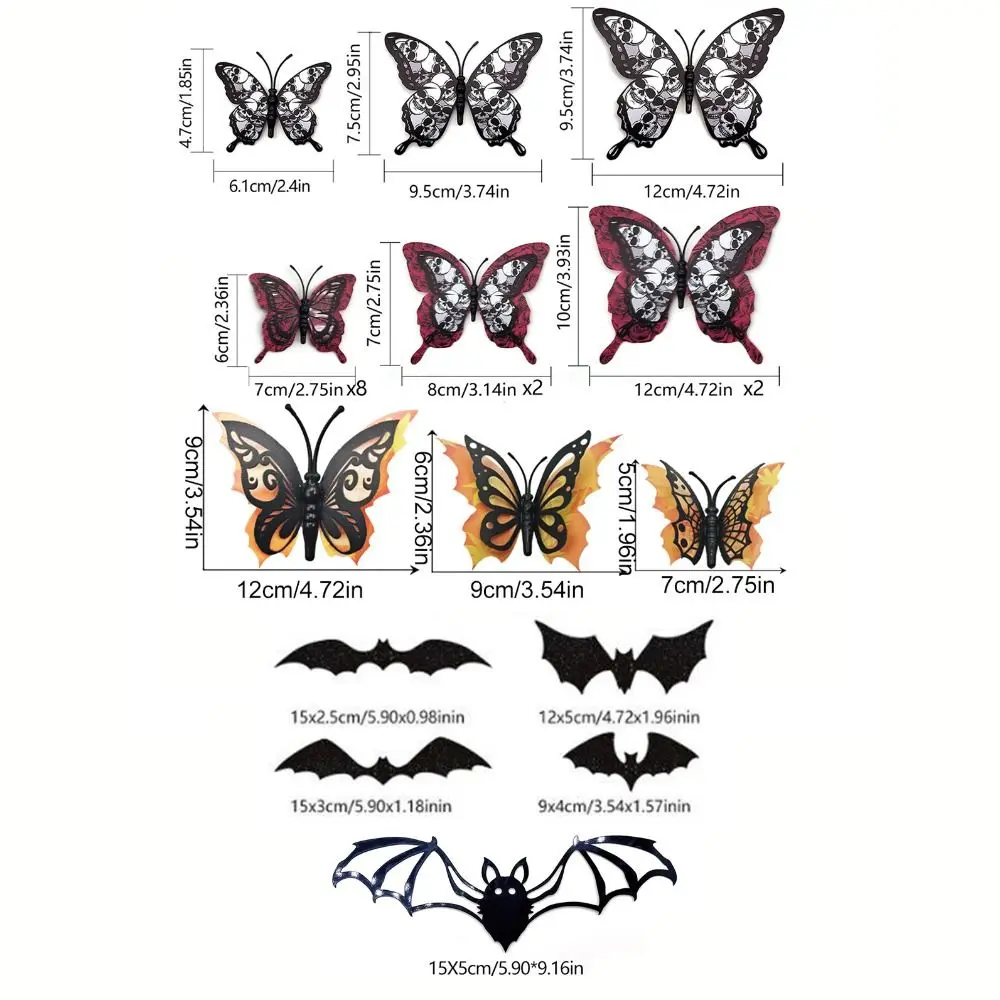 12pcs/set Double-Layer Halloween 3D Bat Stickers Skull Pattern PVC Butterfly Wall Stickers Self Adhesive Halloween Window Decal