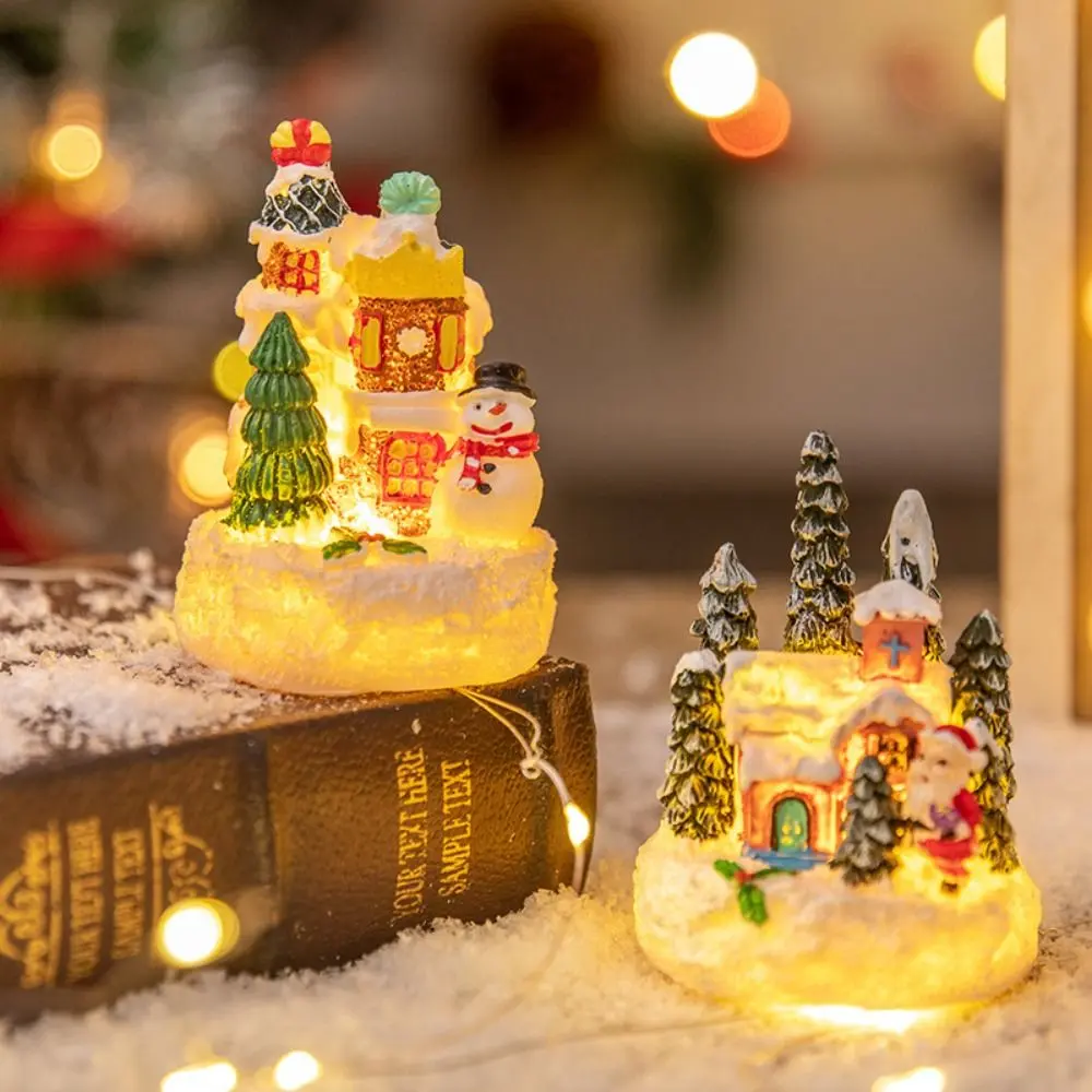 Resin Christmas House Ornaments Creative Cute House Statue Light Artificial Handmade Miniature Figurine Sculptures Children