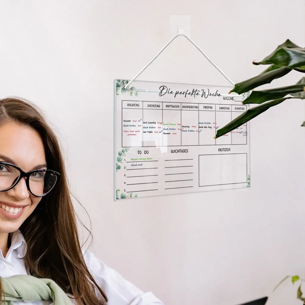 with 6 Pens Acrylic Note Message Board Clear Reusable Fridge Calendar Frameless Hanging Note Blackboard Set Fridge
