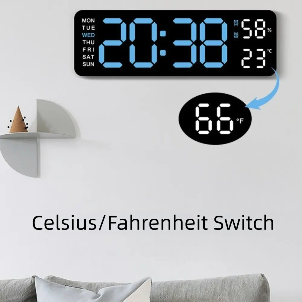Adjustable Brightness Large Digital Wall Clock Time 12/24Hr Format LED Electronic Clock Date Week and Temperature Two Alarms